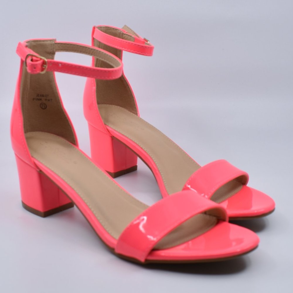 Pink Faux Patent Leather Strap Block Heel Sandals